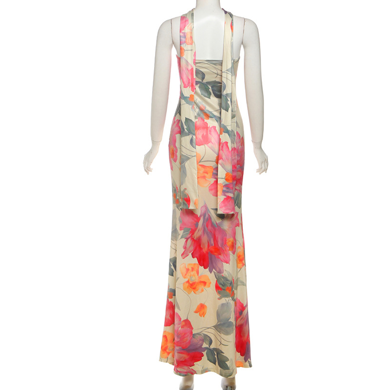 Patterned Drape Neck Open Back Bare Shoulder Dress