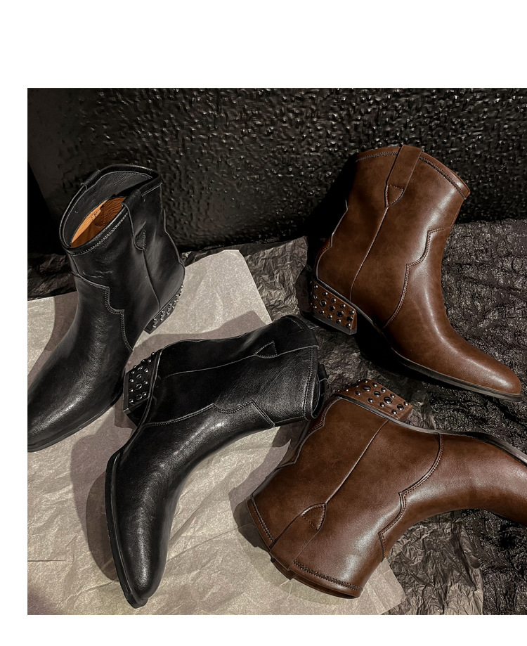 Sharp toe short boots women's cowhide thick heel middle heel bare boots retro V-neck boot design niche rivet Western cowboy boots