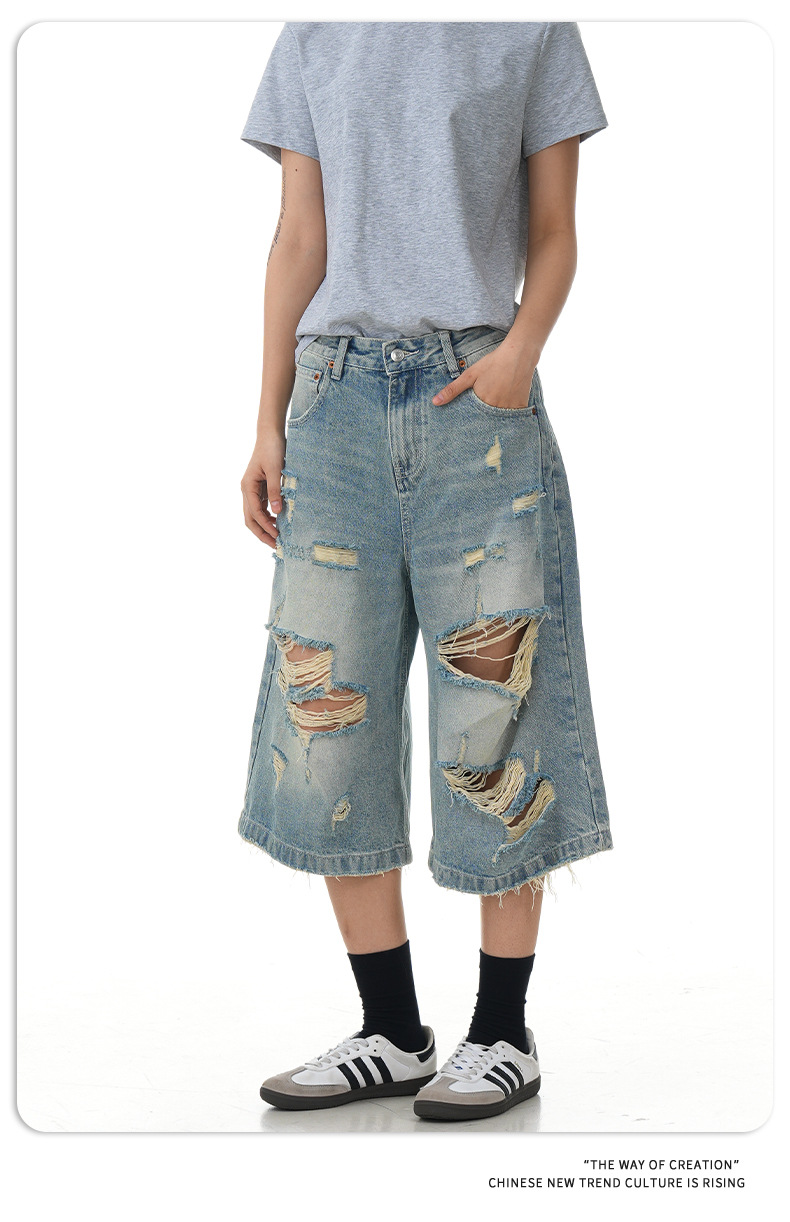 Design Seven-Quarter Denim Pants Washed Loose Straight Trendy Shorts