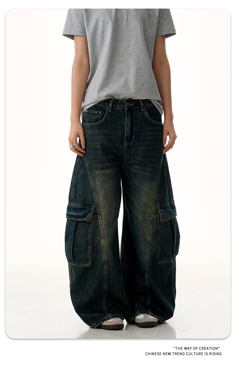 Blue Workwear Tapered Jeans for Men and Women with Multiple Pockets Loose Washed Banana Wide-Leg Long Pants