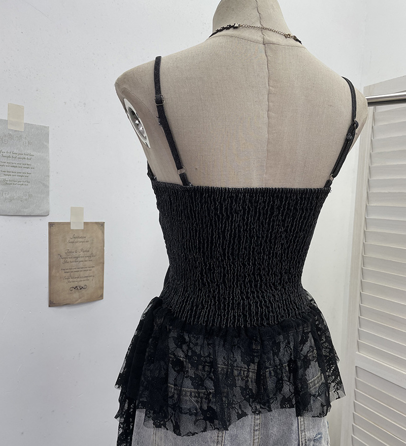 Slim Asymmetric Faded Jean Lacy Panel Fringed Bandeau