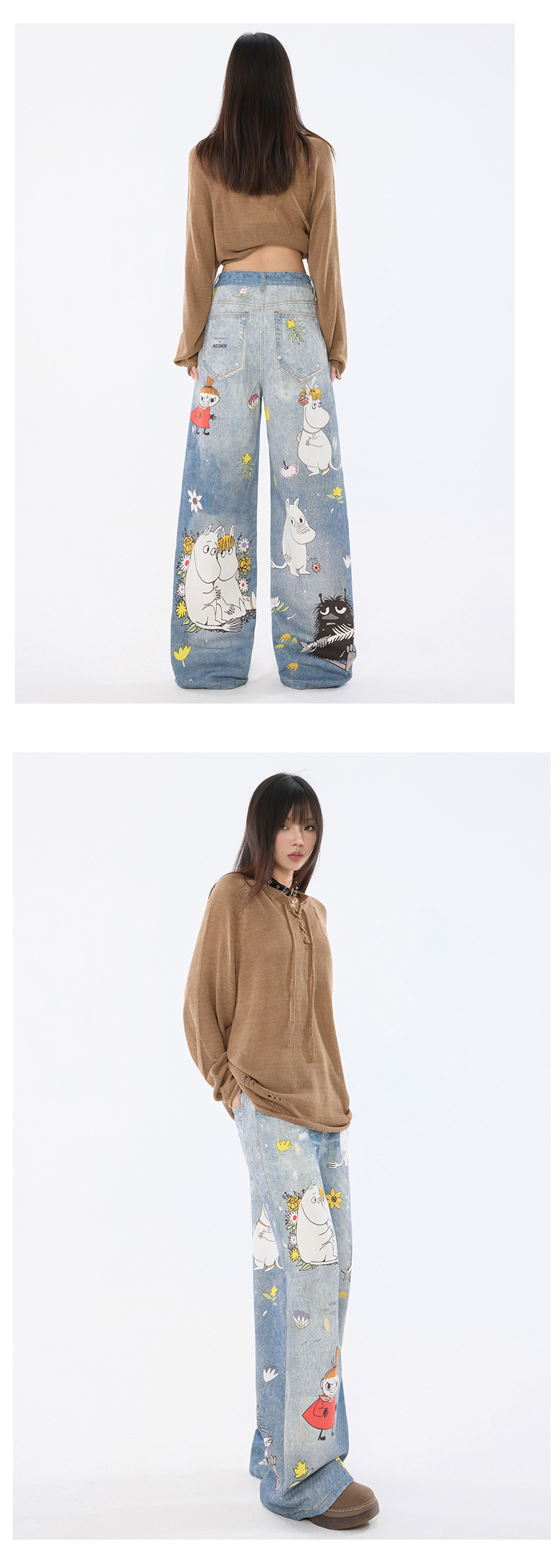 Women's Cartoon Wide-Leg Jeans Unique Design Loose Straight Pants