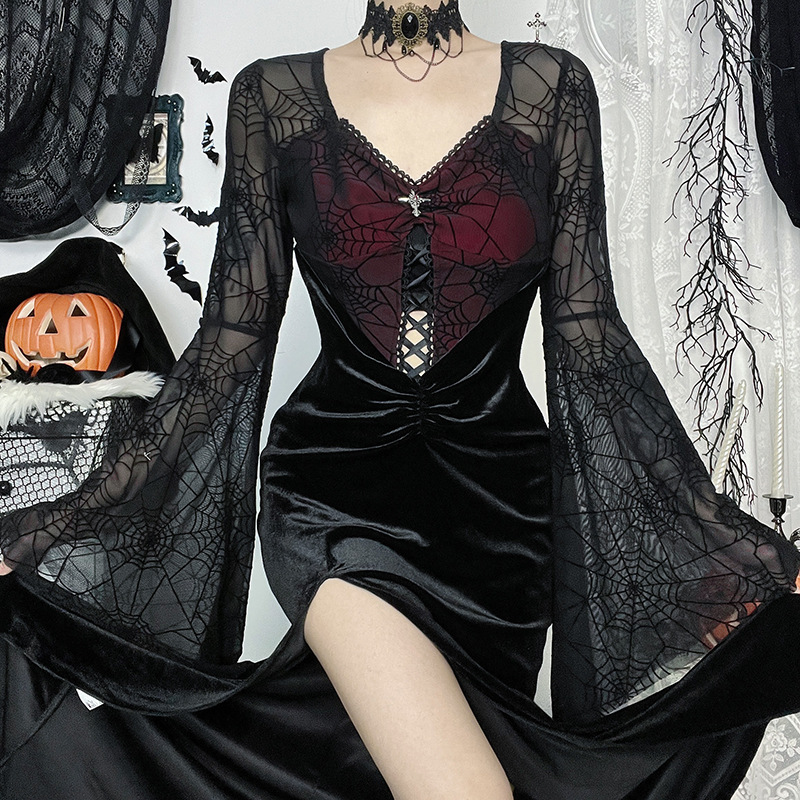 V-Neck High-Waist Spider Web Print Long Pencil Dress