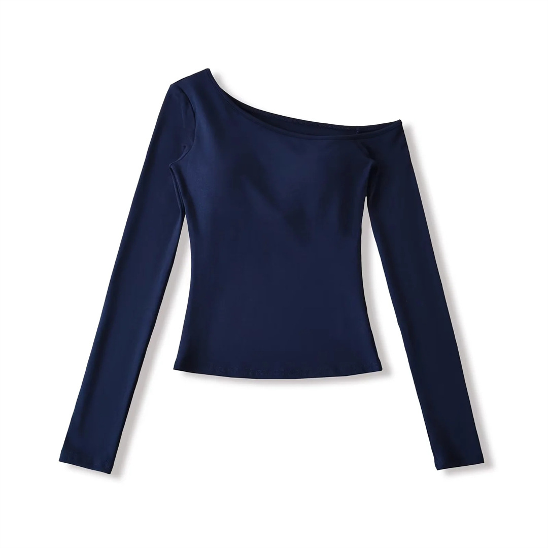 Slim Fit Wrist-Length Plain Slant-Neck Bra-Cup Blouse