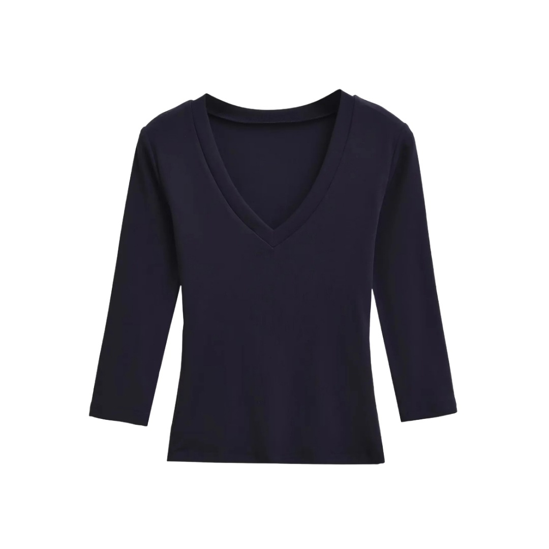 Ladies Streetwear Plain Stretch Elbow-Length Plunge Layering Tee