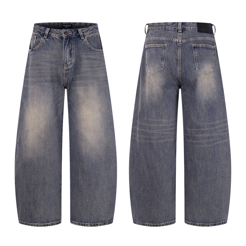 Washed Gradient Knife-Edge Denim Pants Men Streetwear High-Street Vibe Loose Straight Leg Wide Leg Pants