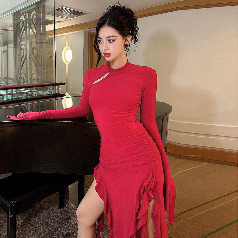 Round Neck Full Sleeve Polyester Cutout Dress