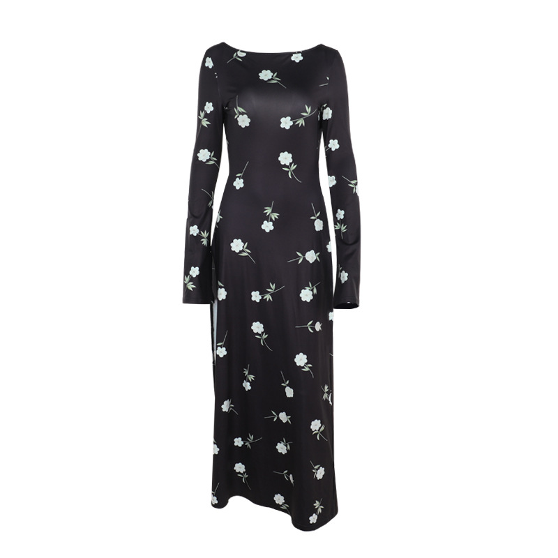Long One-Shoulder High Waist Patterned Polyester Step-Skirt Dress