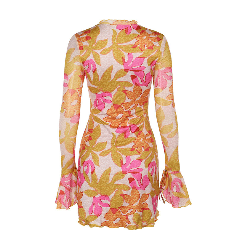 Ladies Tailored V-Neck Full-Length Sleeve Patterned Polyester Dress