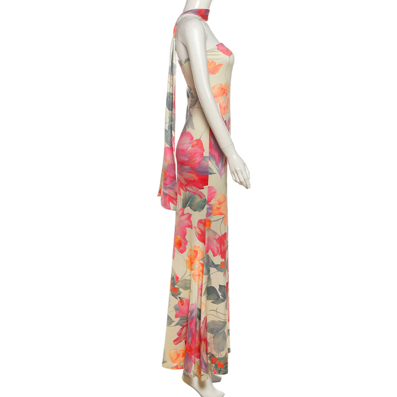 Patterned Drape Neck Open Back Bare Shoulder Dress