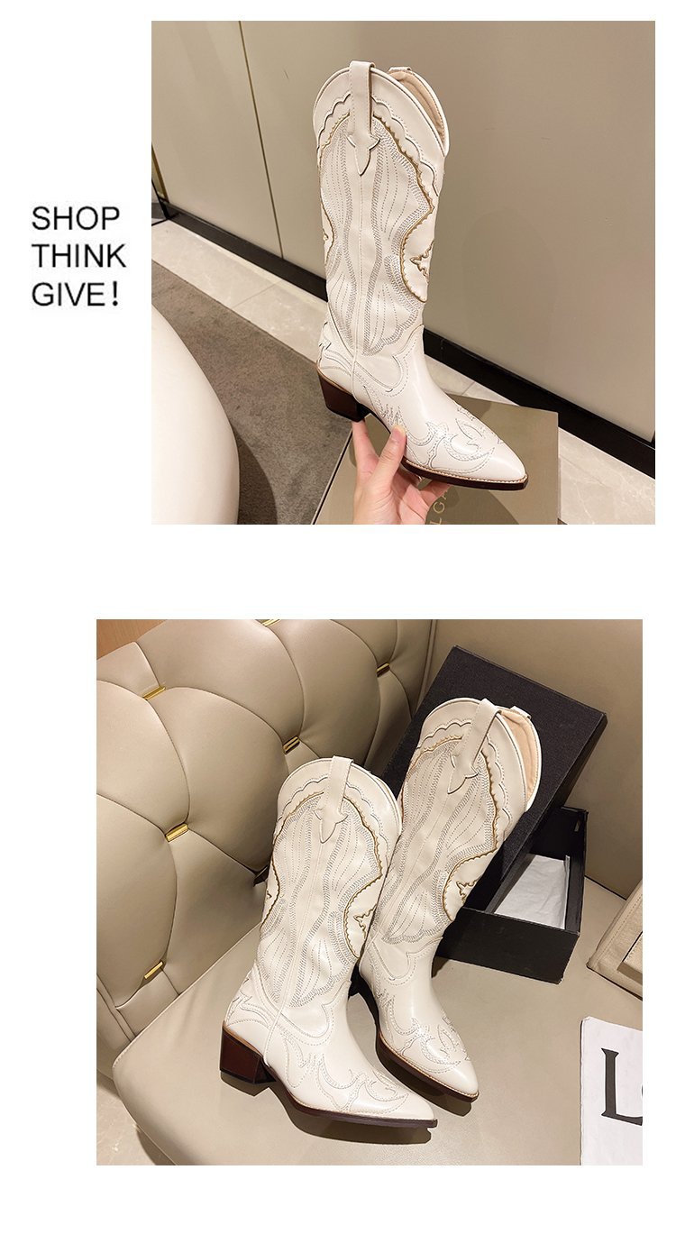 Autumn White Cowgirl Western Long Boots Women Chunky High Heels Pointed Toe Casual Cowboy Knight Mid Calf Boots Shoes Woman