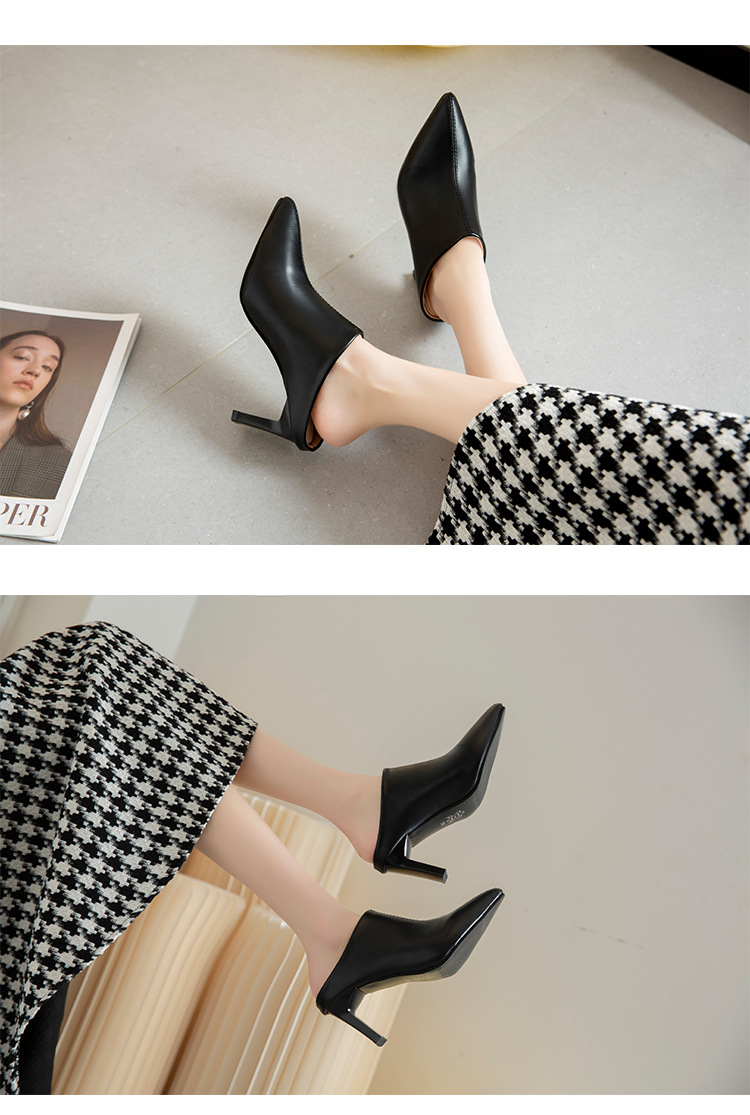 Retro stiletto pointed toe mules for women summer outer wear half slippers