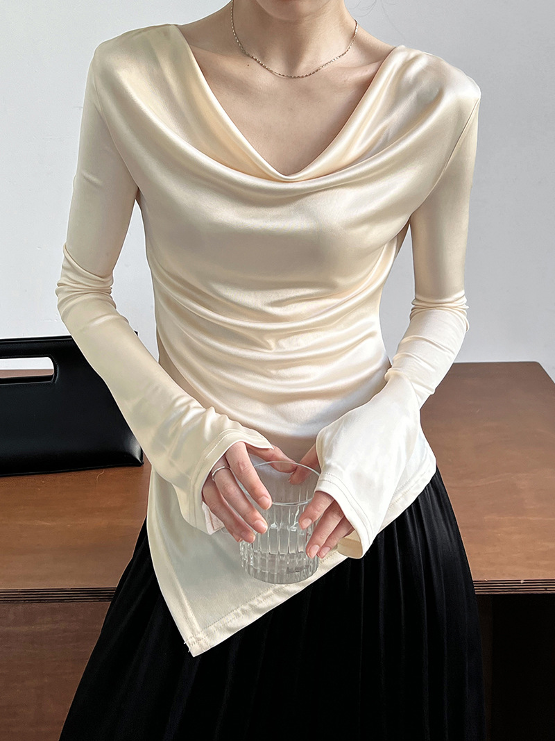 Women Slim Solid Cowl Neck Elongated Sleeve Tee