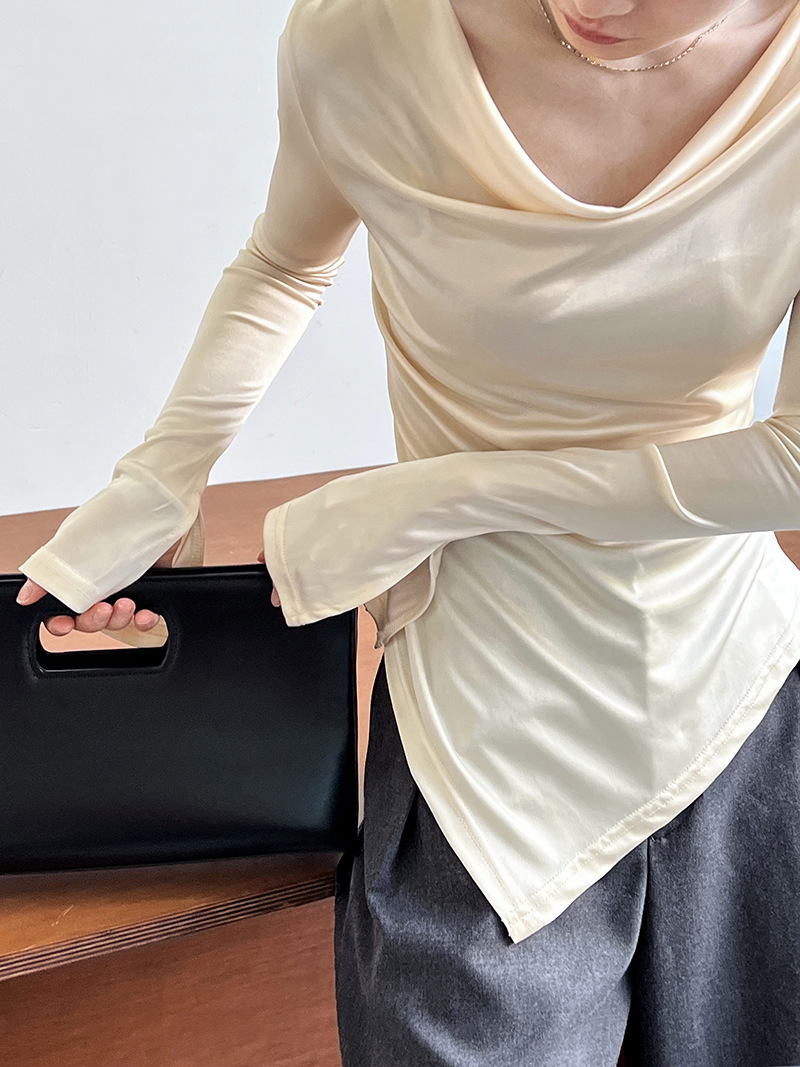 Women Slim Solid Cowl Neck Elongated Sleeve Tee