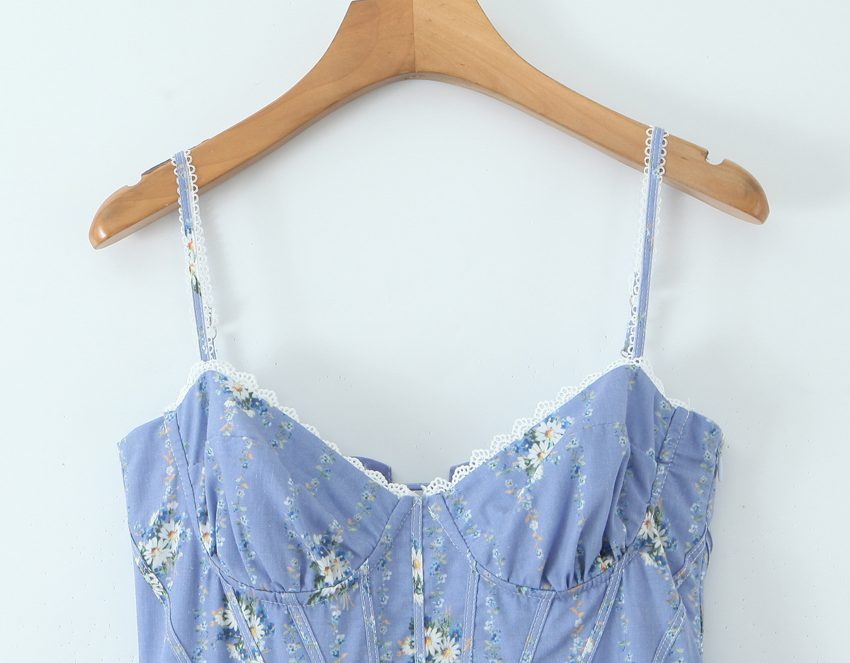 Women's Clothing Vintage Blue Small Chrysanthemum Mid-length Dress