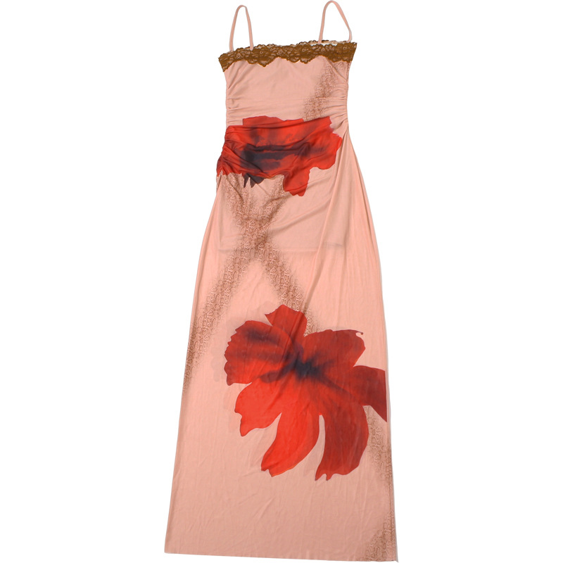 Sleeveless backless slimming color blocked lace camisole long skirt for women