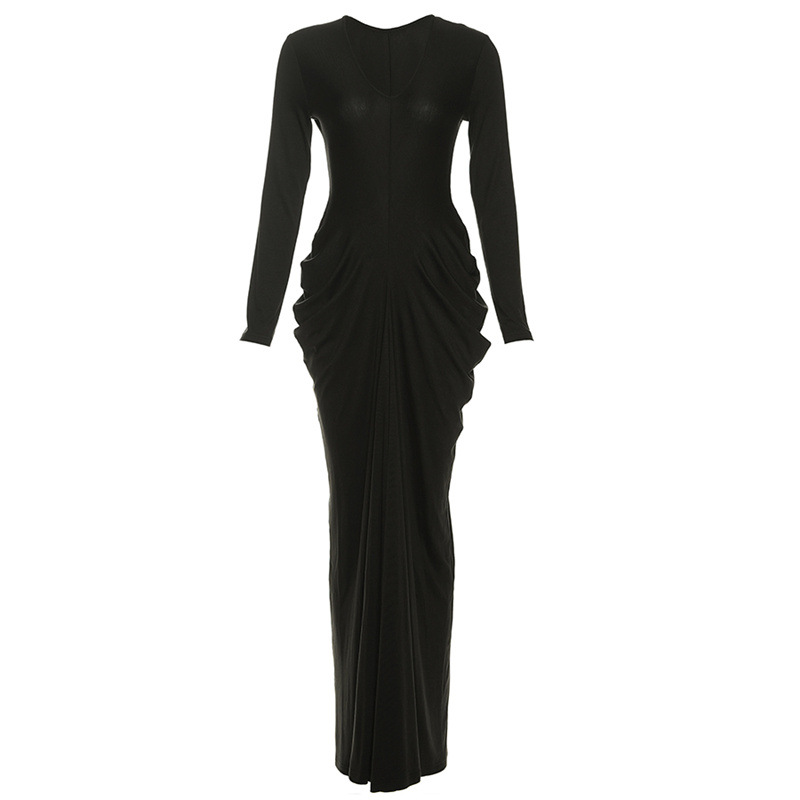 Crinkled Plunging Fitted Plain Full-Sleeve Maxi Dress