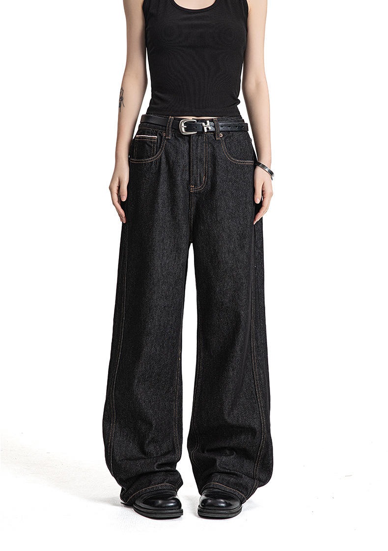 Dark Color Topstitching Straight Loose Commuting Denim Trousers Cleanfit