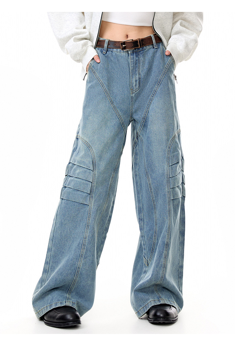 Street Retro Unique Folded Structured Casual Denim Trousers
