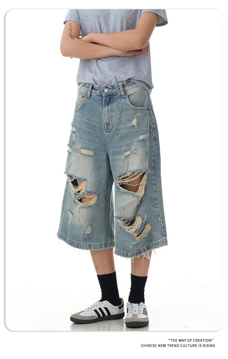 Design Seven-Quarter Denim Pants Washed Loose Straight Trendy Shorts