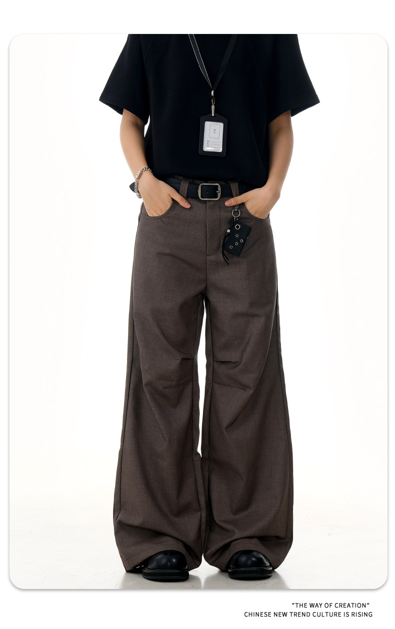 Flared Brown Trousers with Pleated Retro Design Loose Fit Casual Slim Long Pants