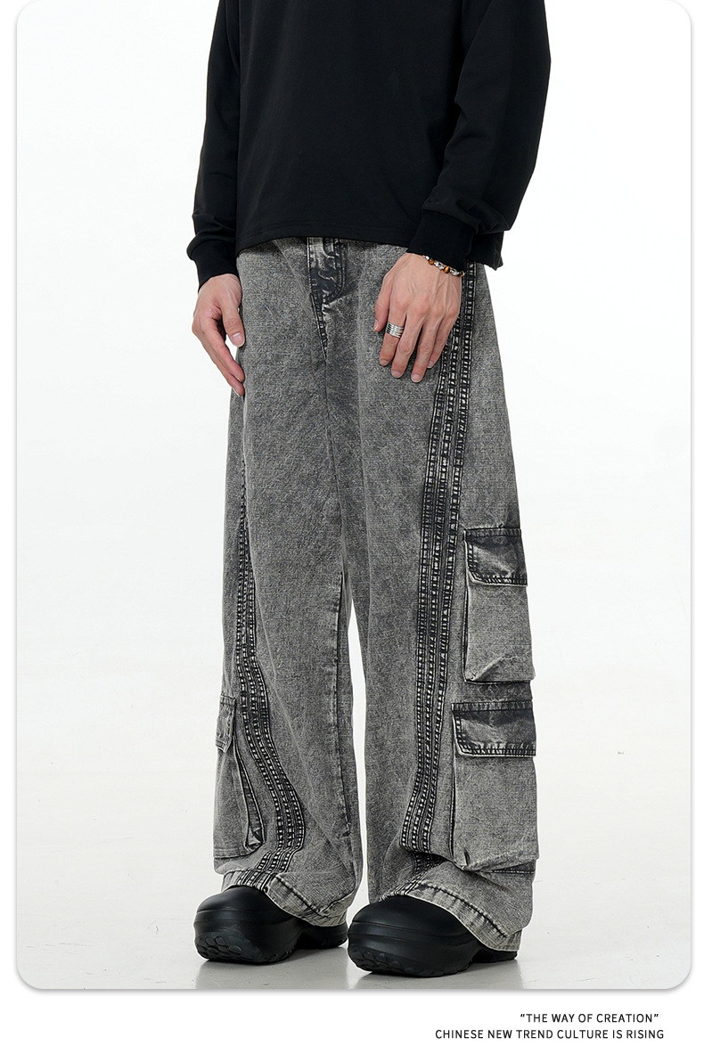 Washed Gray Workwear Jeans with Multiple Pockets for Men and Women