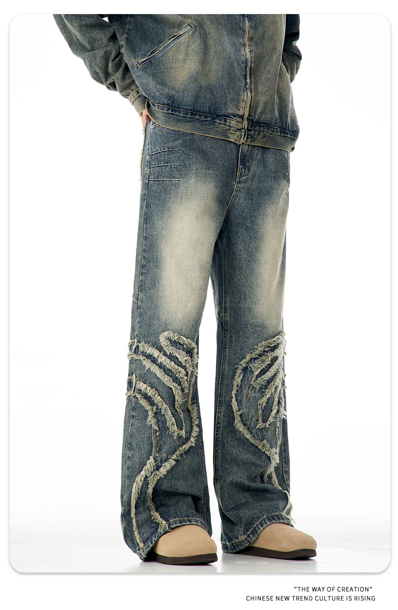 Faded Denim Pants Vintage Blue High Street Design Distressed Personality Straight Loose Casual Slim Fit Long Trousers