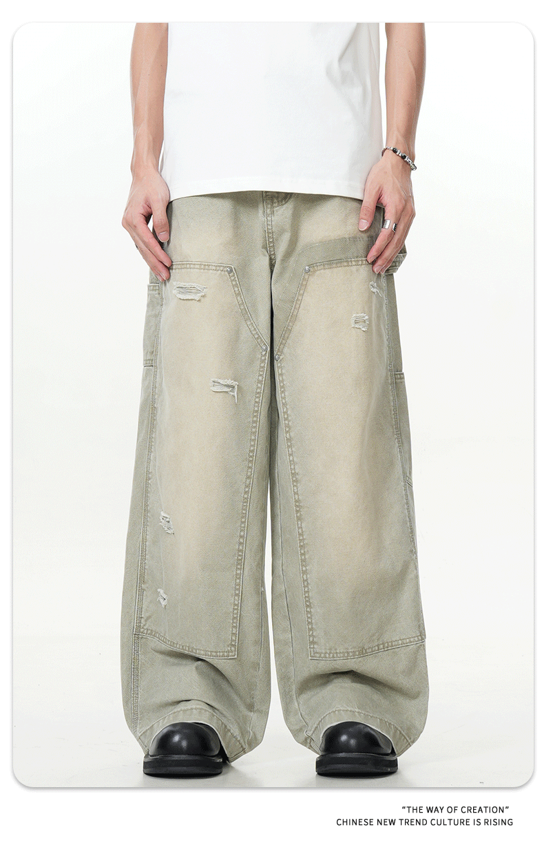 Ripped Slim Fit Loose Wide-Leg Straight Casual Denim Trousers
