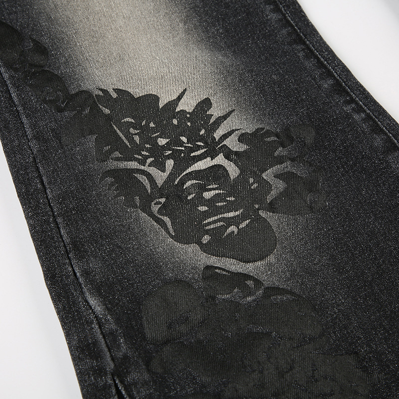 Retro plant print washed water slim fit and slimming flared jeans
