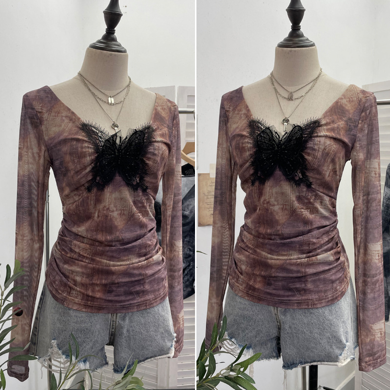 Plunging Neckline Long Sleeve Slim Fit Top