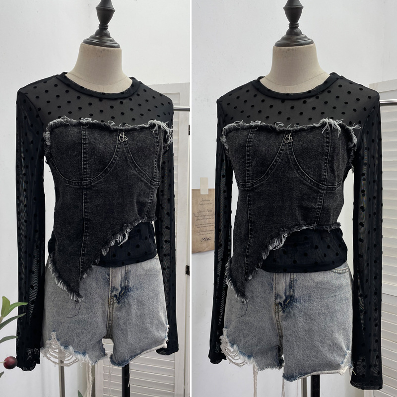 Asymmetric Distressed Jean Tailored Cropped Wrist-Length Tee