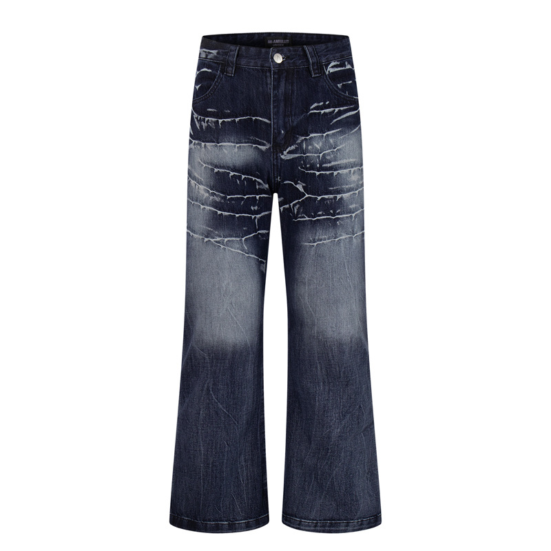 Retro Washed Lightning Pattern Men's Long Pants, INS Autumn Trendy Streetwear, Cool and Versatile Slightly Flared Jeans