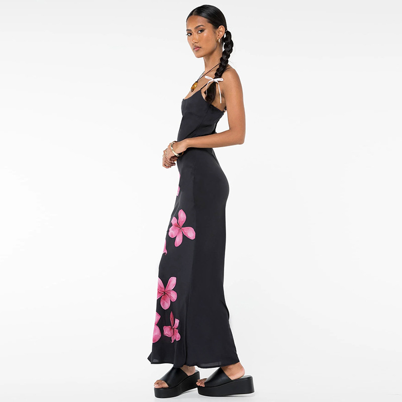 U-Neck Sleeveless Patterned Strap Stretch Skirt