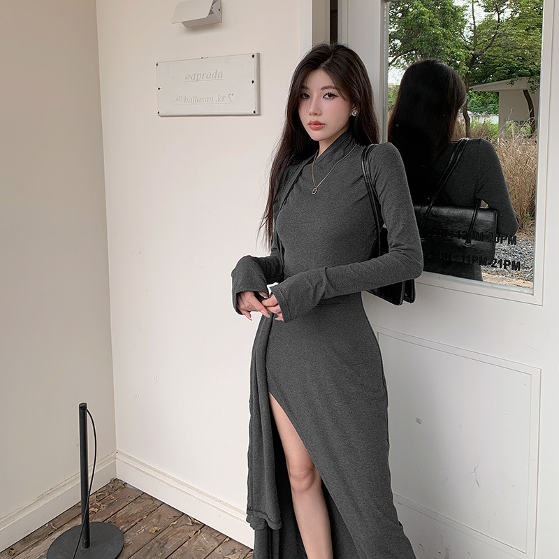 Mock Neck Full Sleeve Slit Fitted Dress