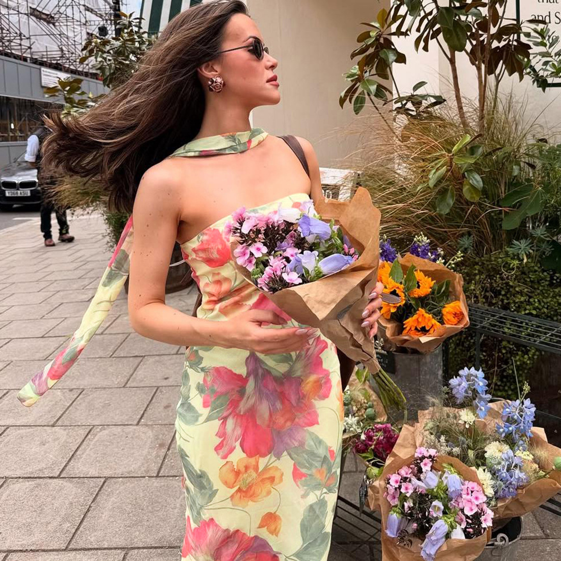 Patterned Drape Neck Open Back Bare Shoulder Dress