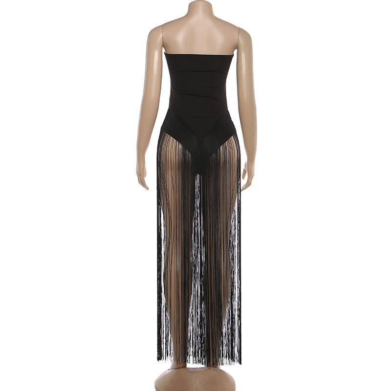 Raised-Waist Open Back Bandeau Fitted Tassel Jumpsuit