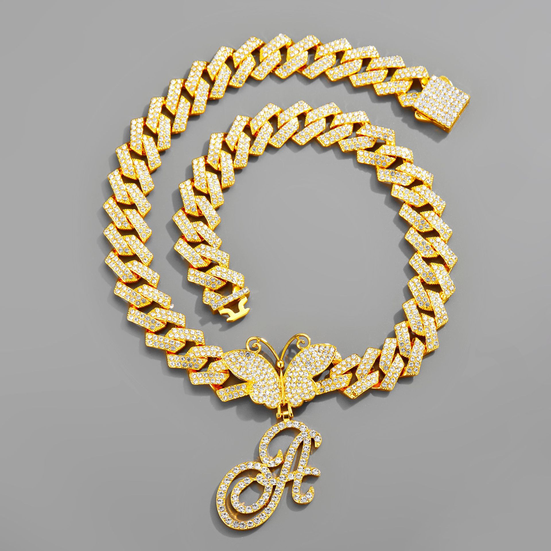 18inch Cuban Chain Butterfly Letter Full Diamond Pendant Cuban Chain Personalized Exaggerated Thick Chain Hiphop Jewelry