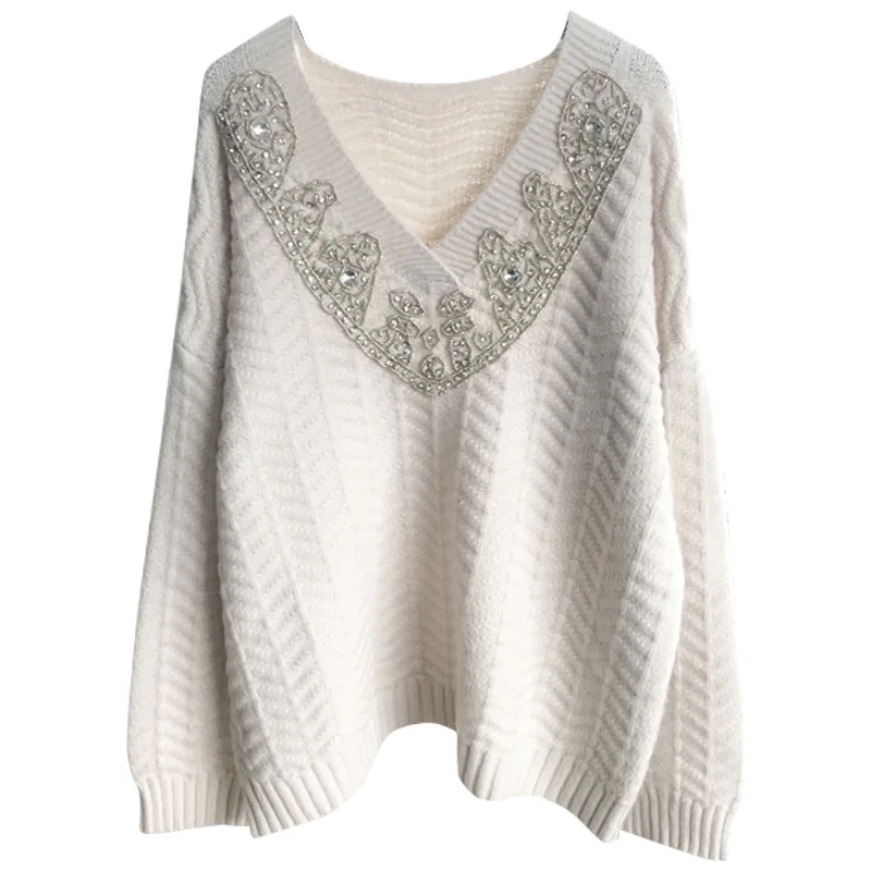 Ladies Oversized Wool Blend Embellished Sweater