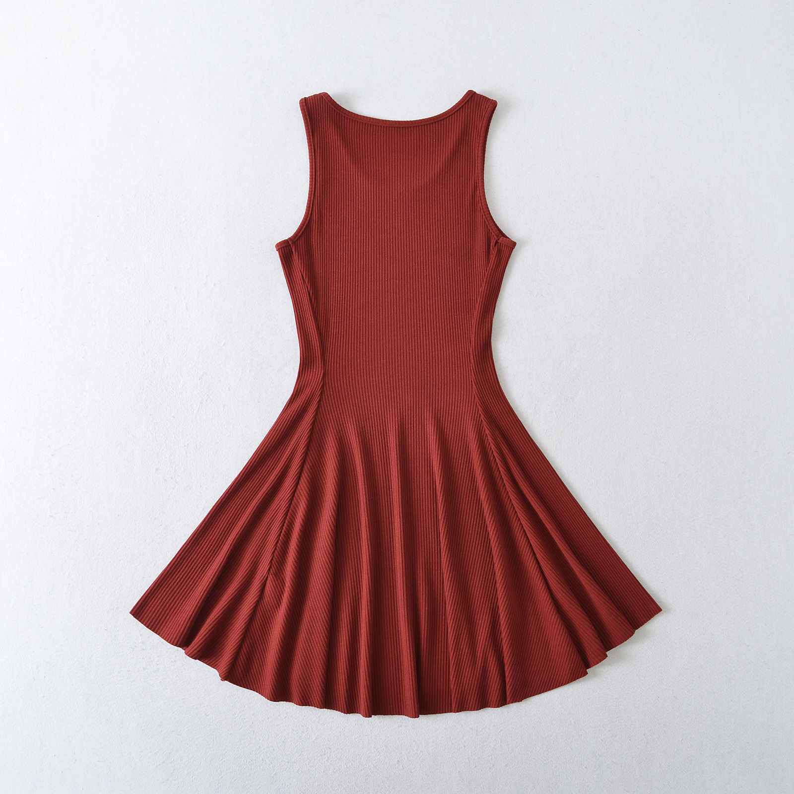 Round Neck Solid Waistline Flared A-Line Dress Short Skirt