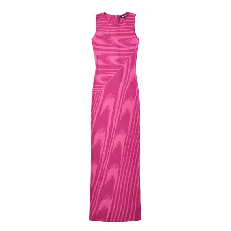 Women's Clothing Abstract Pattern High Waist Slim Round Neck Zipper Sleeveless Bodycon Dress