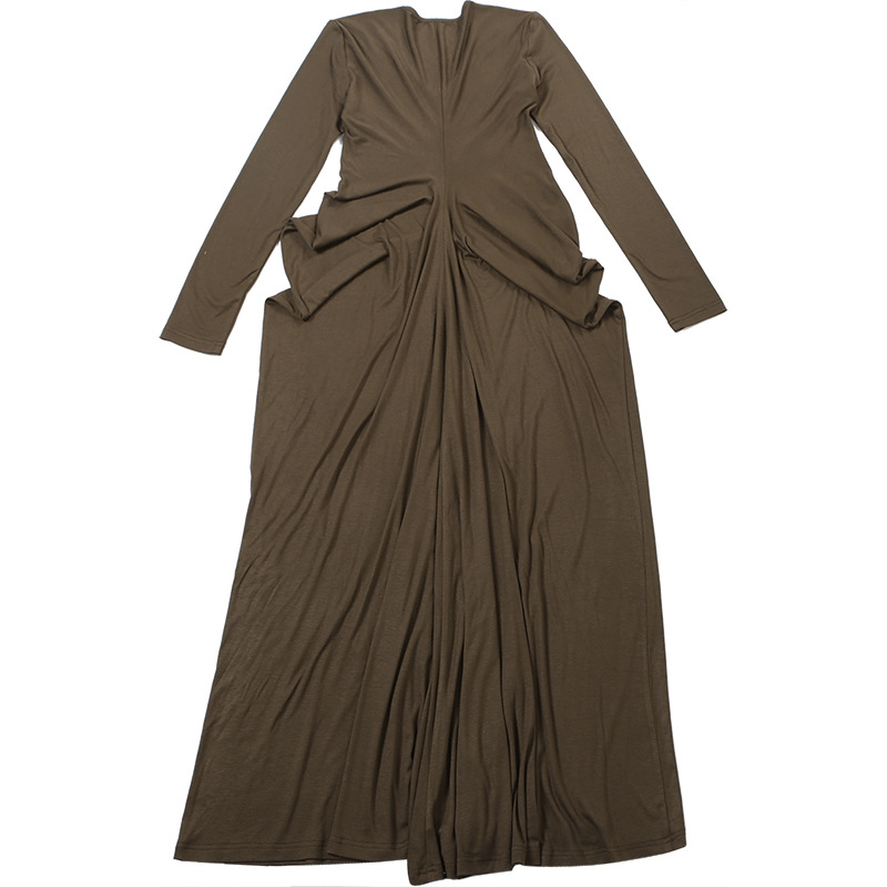 Crinkled Plunging Fitted Plain Full-Sleeve Maxi Dress
