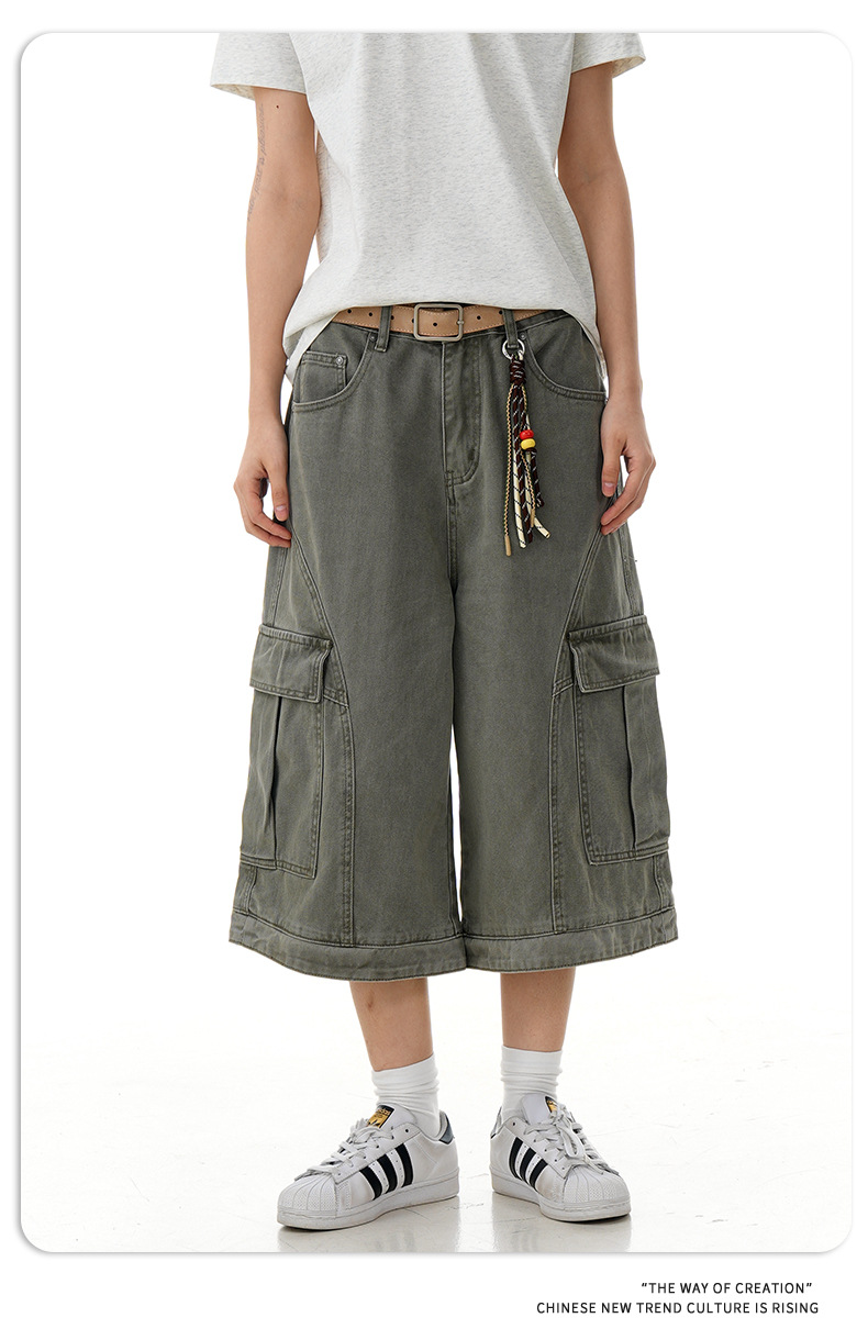 Retro Deconstructed Multi-Pocket Pants Straight Loose Unisex Wide-Leg Cargo Shorts