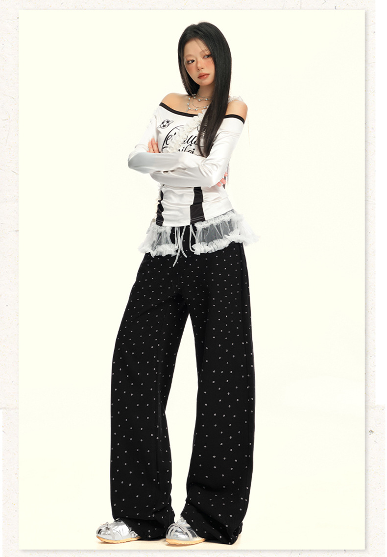 Women's Black and White Polka Dot Slimming Loose Straight Jeans High Waist Wide Leg Pants