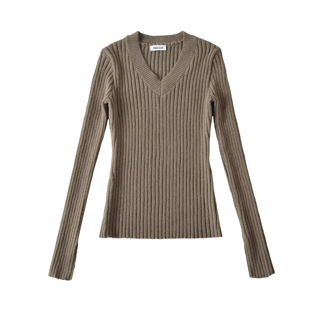 Plain Ladies Deep V Body-Hugging Knitted Sweater