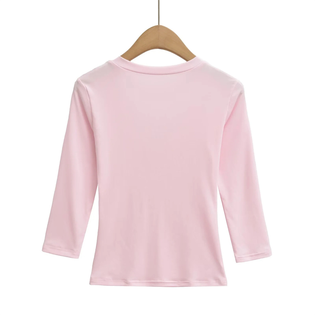 Ladies Streetwear Plain Stretch Elbow-Length Plunge Layering Tee