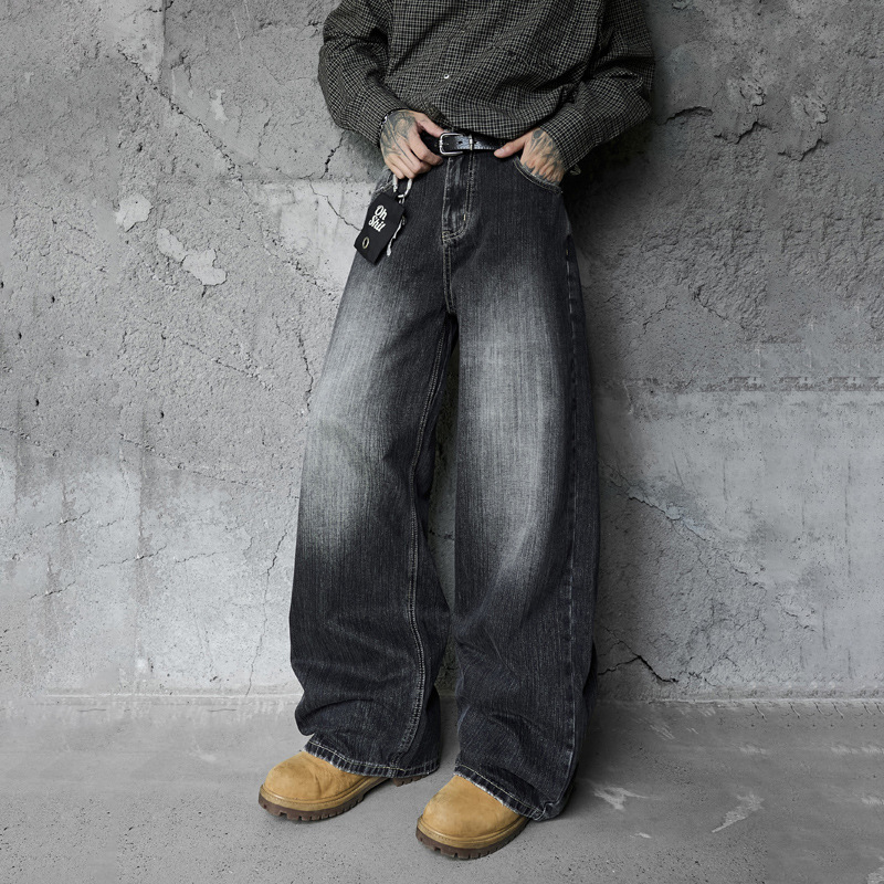 Vintage Washed Gradient Denim Pants Men's Design Street Style Couple Loose Versatile Straight Leg Casual Wide Leg Pants