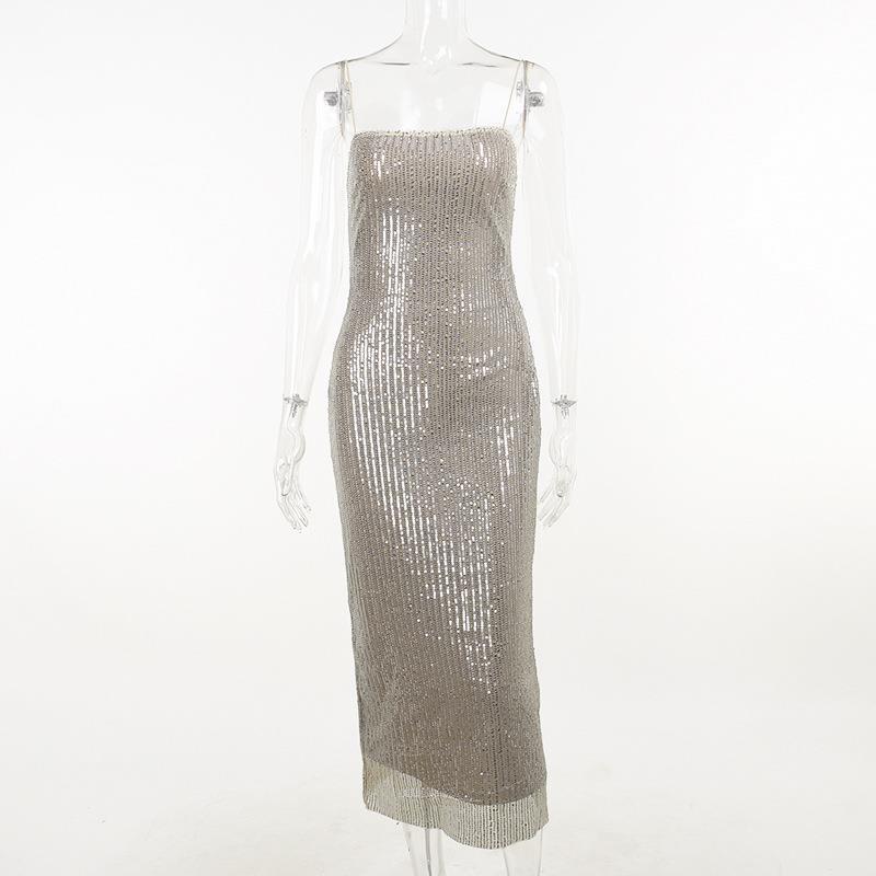 Square Neck Sleeveless Knit Fitted Embellished Dress