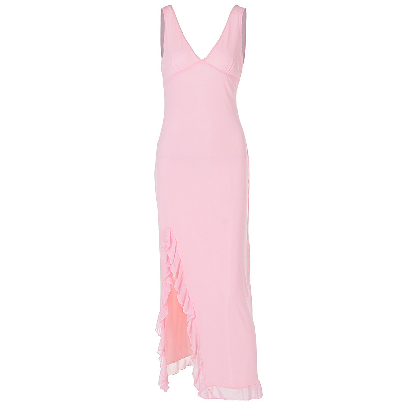 Dark Plunging A-Line Tank Dress with Scalloped Split