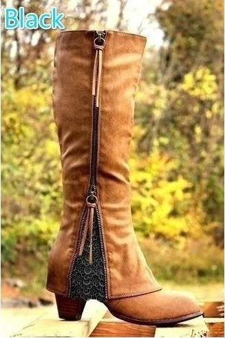 High heeled thick heeled cuffed high boots