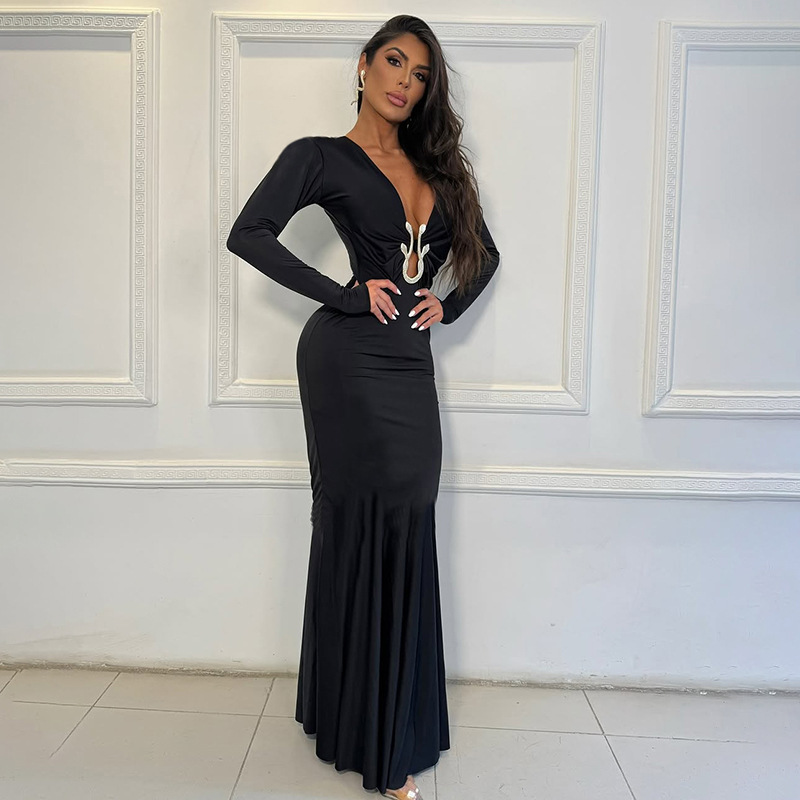 Plunging Cutout High-Waist Full-Sleeve Pencil Dress